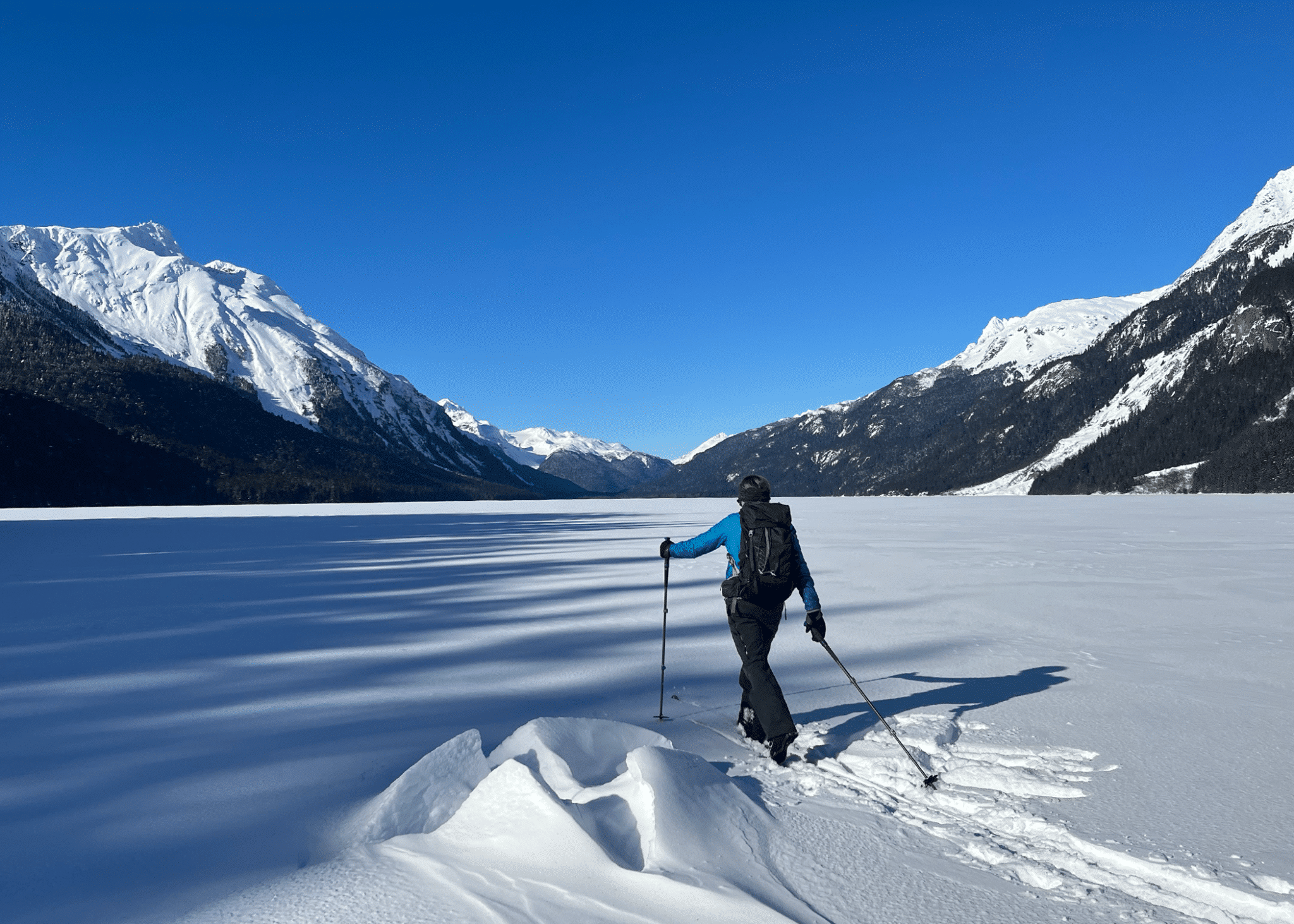 Cross country skiing on a frozen lake